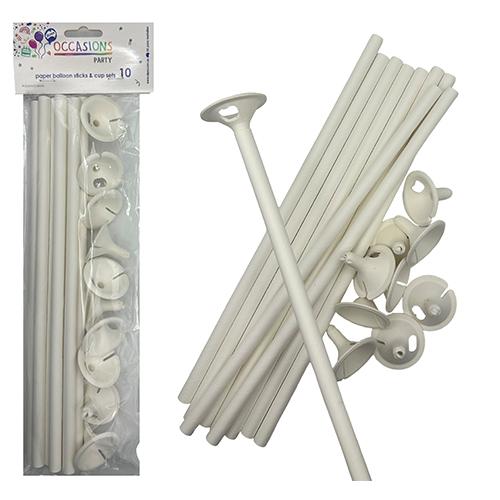 Balloon Cups & Sticks Paper Eco Friendly Pk/10 White