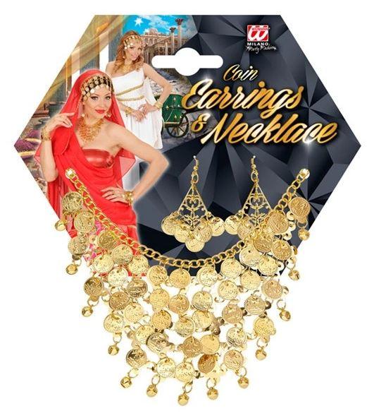 Costume Necklace & Earring Gold Coin Set Princess Egyptian/Greek/Roman