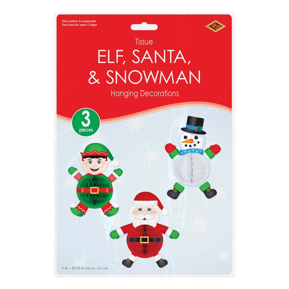 Hanging Decorations Tissue Christmas Santa/Elf/Snowman Pk/3 18cm - 27cm