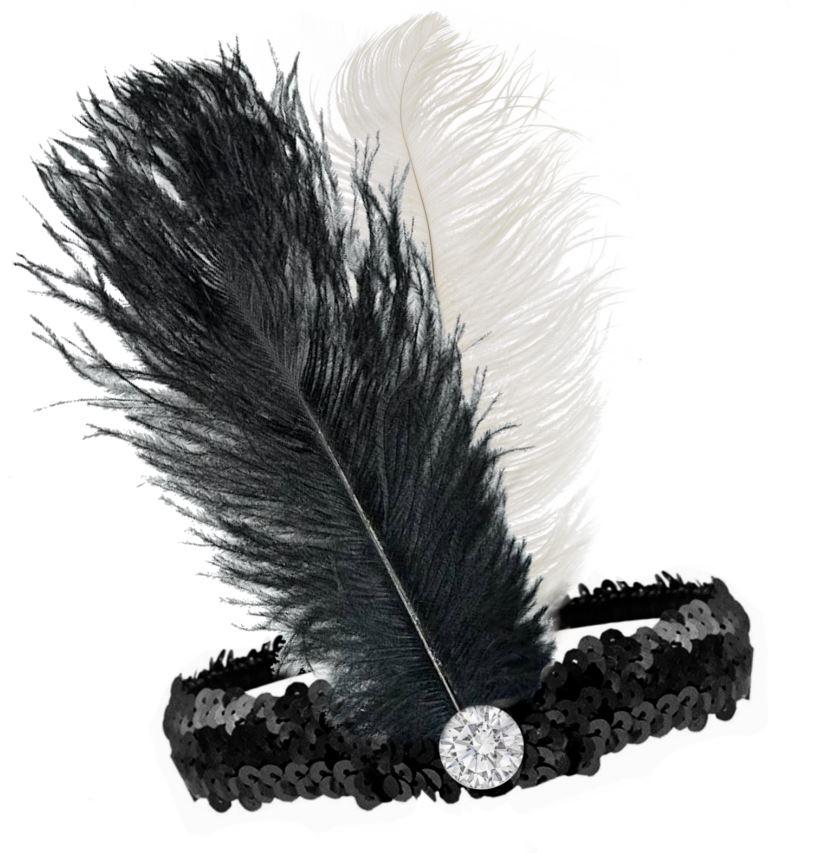 Headband 1920s Flapper Sequinned Black/White With Artifical Feather