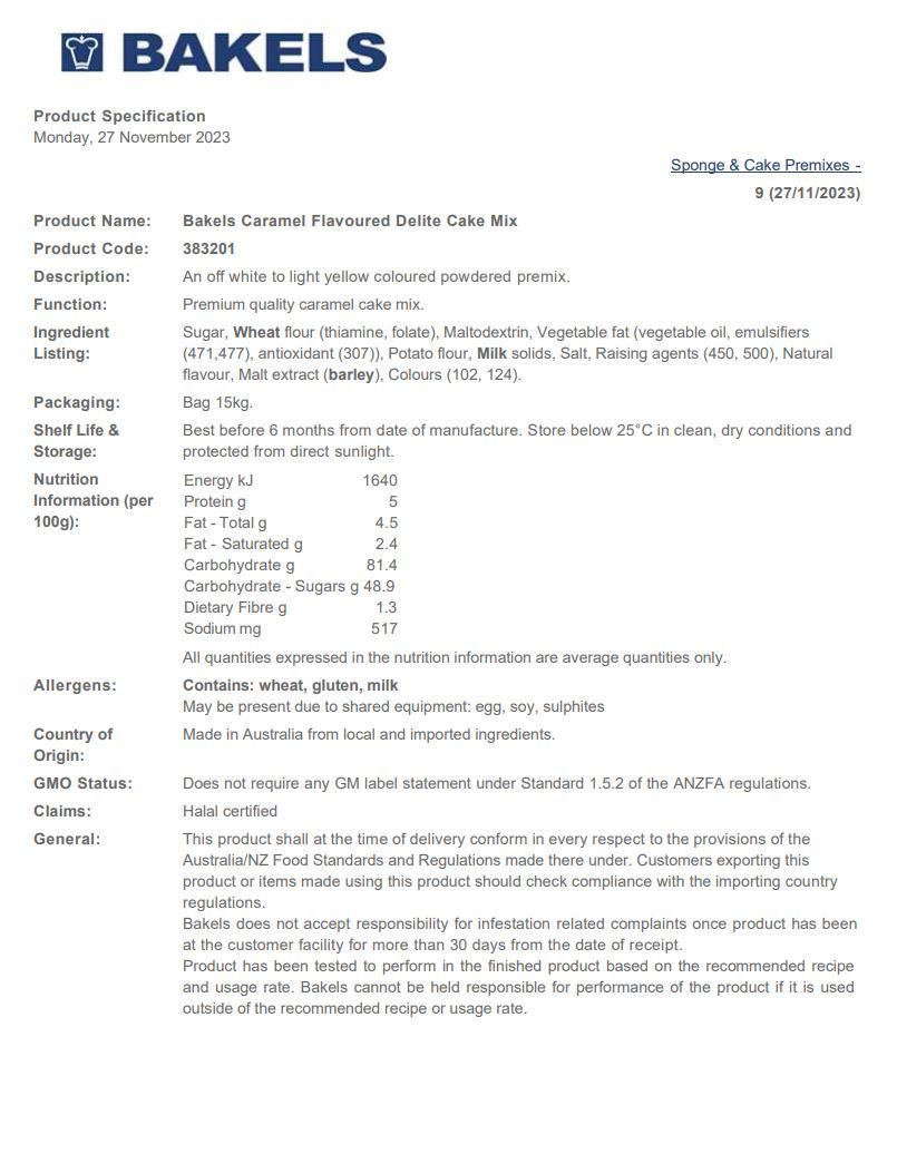 Bakels Mud Cake Mix Caramel Delight 15kg - Order In Item Only