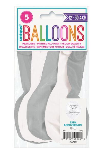 Latex Balloons 30cm 25th Silver Wedding Anniversary Pk/5