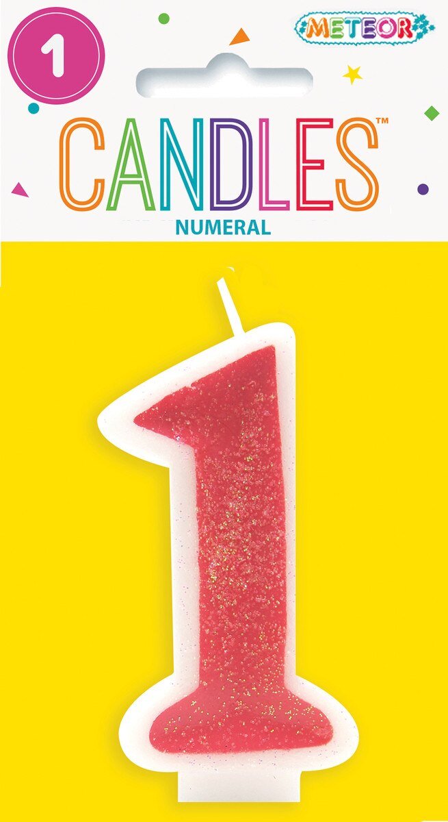 Cake Candle Number 1 Pink Glitter 8cm High