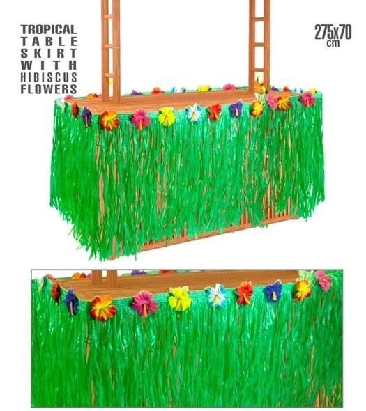 Table Skirt Hawaiian/Tropical Green Grass Look With Flowers 275cm x 70cm