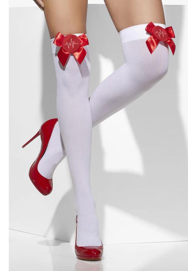 Pantyhose/Stocking Thigh High White With Red Bows Medical Emergency Nurses