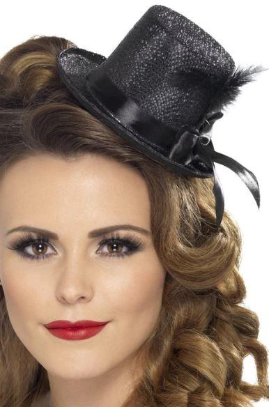 Top Hat Mini Black With Black Ribbon & Feather