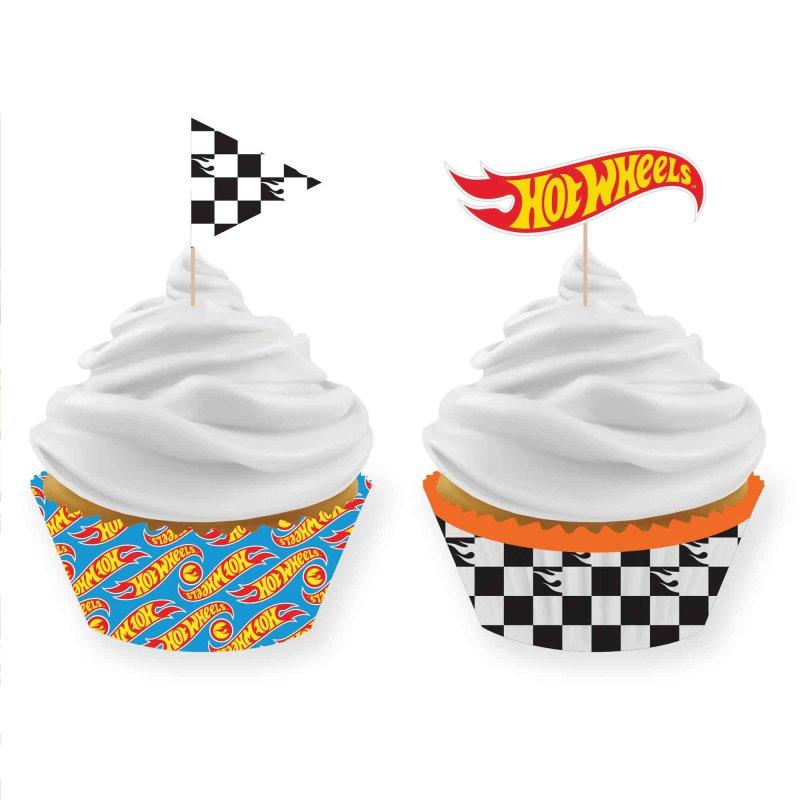 Hot Wheels Car Racing Cupcake Cases & Pick Set Pk/24