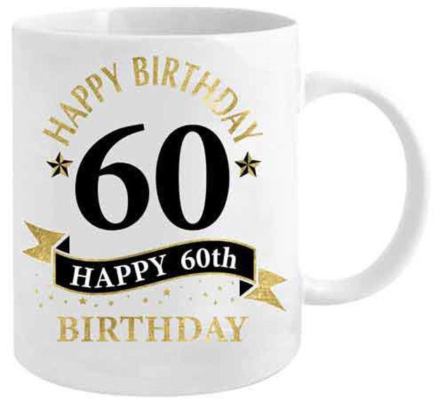 Mug Happy Birthday 60th (Sixty) White & Gold 360ml