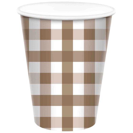 Paper Cups Gingham Check 266ml Teddy Brown Pk 8