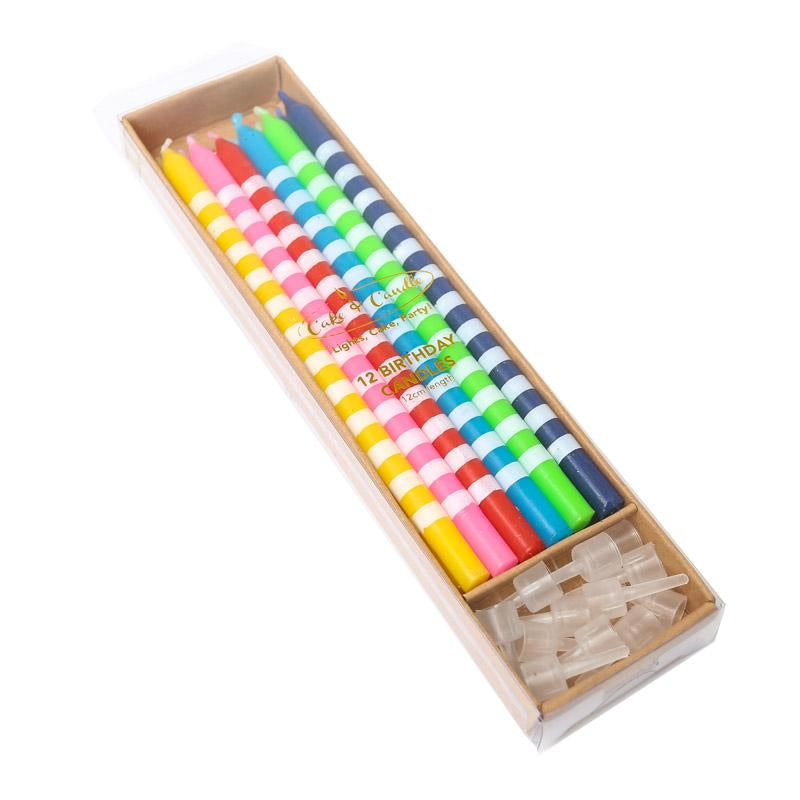 Cake Candles 12cm Bright Striped Pk12