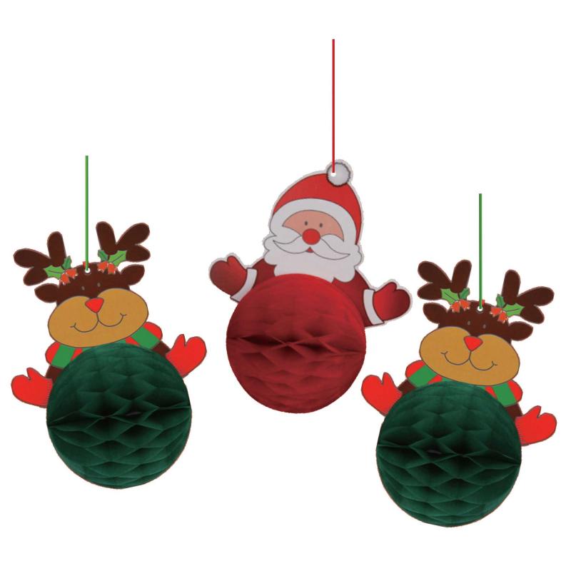 Hanging Decorations Santa & Reindeers Honeycomb Pk/3