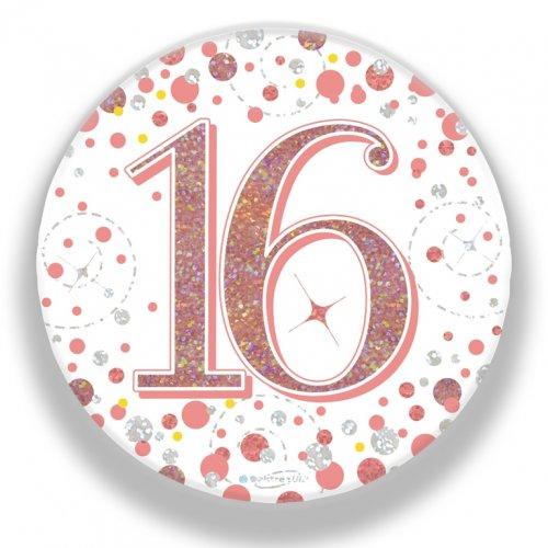 Badge 16th Birthday Sparkling Fizz Rose Gold 75mm Sixteen