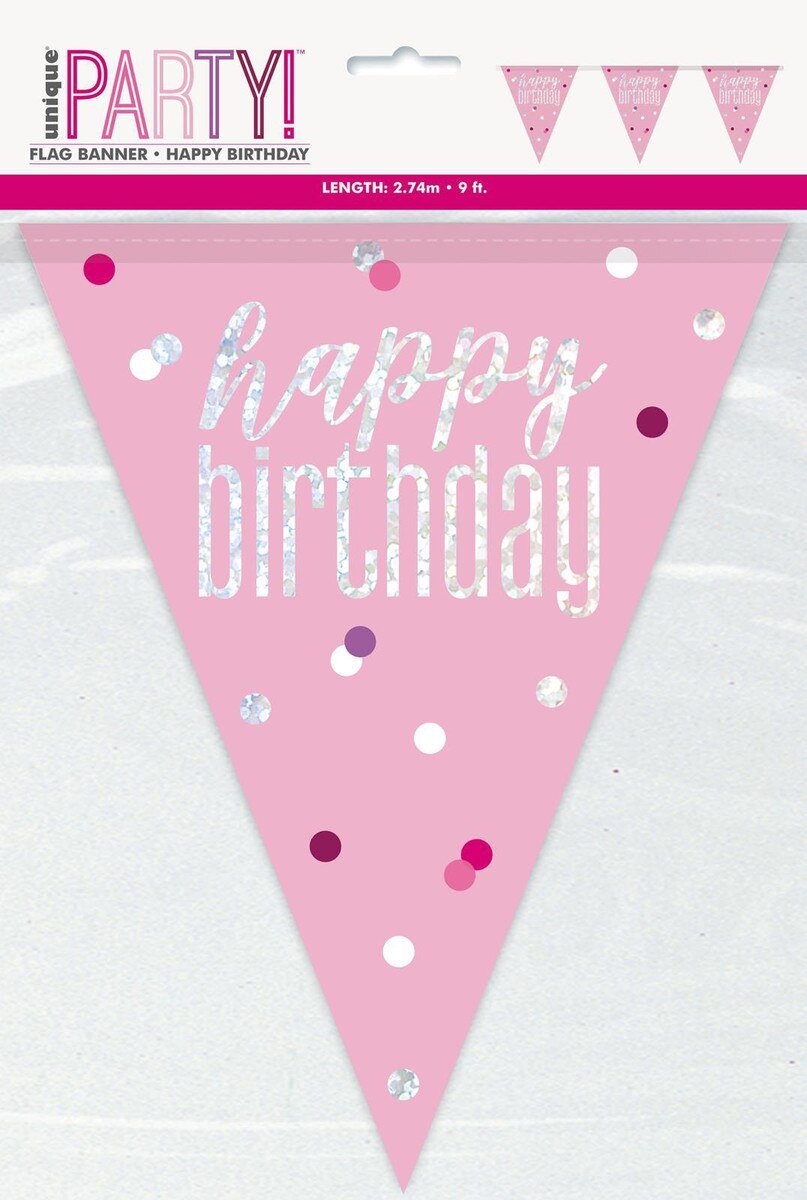 Flag Banner Happy Birthday Prismatic Pink 2.74m Long