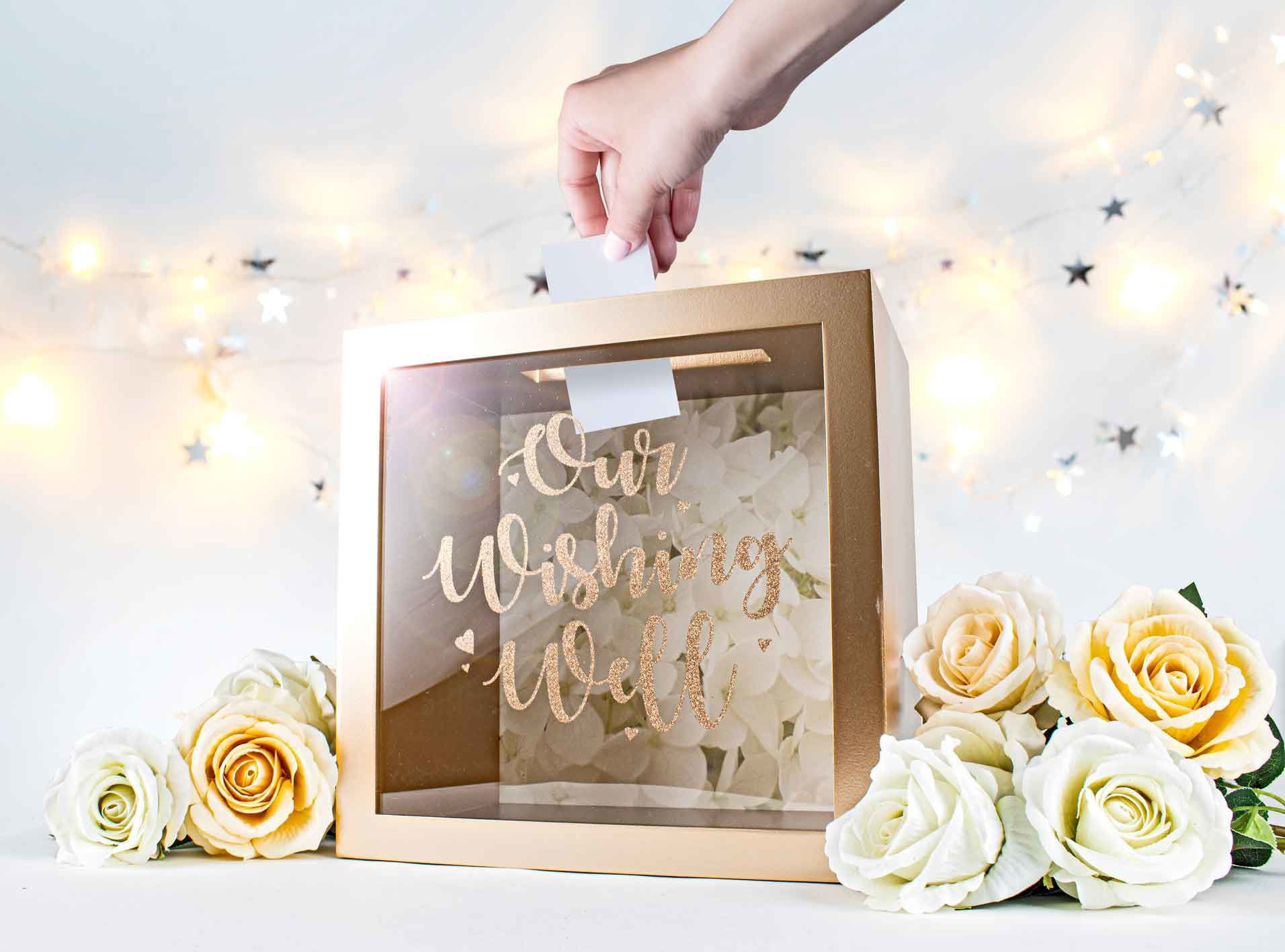 Our Wishing Well/Card Box Keepsake Rose Gold Glitter Text MDF