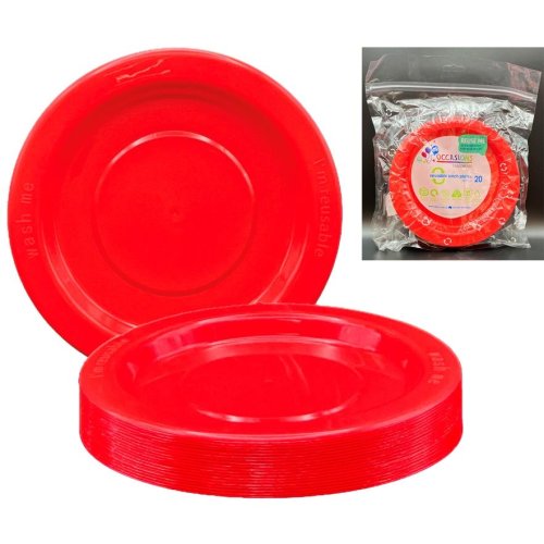 Plates 180mm Red Plastic Lunch Size Reusalbe Pk/20