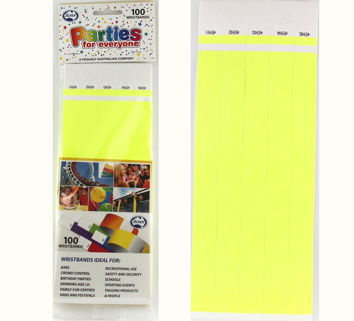 Wristbands Fluro Yellow Tyvek 19mm Wide Pk 100