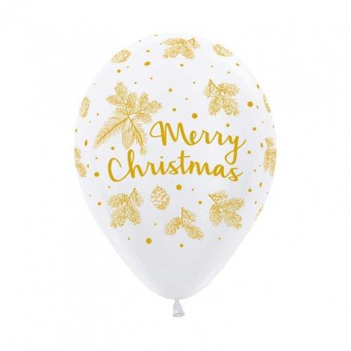 Balloons Latex 30cm Merry Christmas White With Gold Print Pk/50