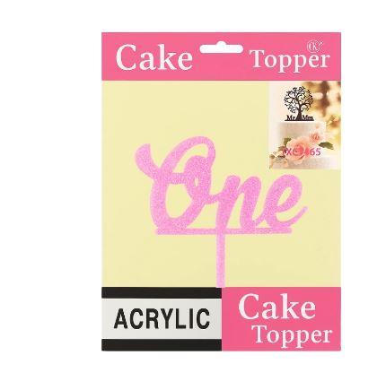 Cake Topper One Acrylic Brithday Pink Glitter Decoration