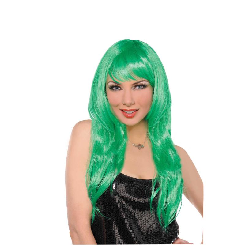 Wig Green Long Glamorous With Fringe