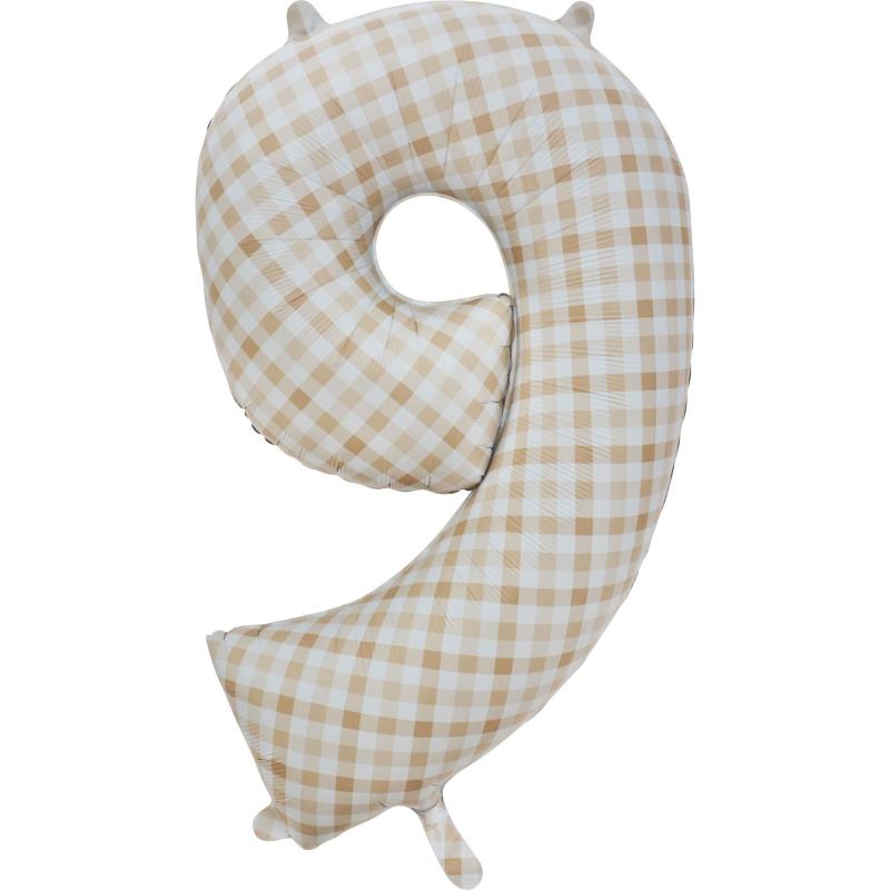 Balloon Foil Megaloon Number 9 Gingham Brown 86cm-Discontinued Line