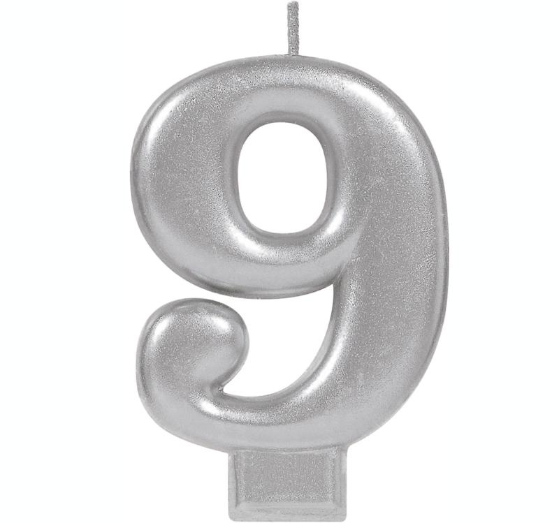 Candle Number 9 Metallic Silver 8cm Moulded
