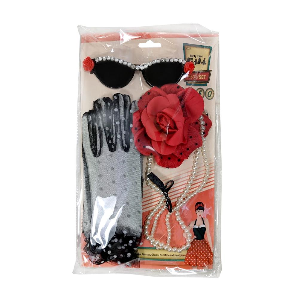 1950s Costume Kit (Diamante Glasses, Rose Hair Clip, Pearls, Spotty Gloves)