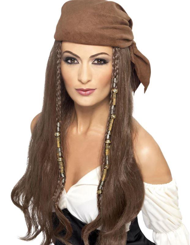 Wig Pirate Brown Hair with Bandana & Beads / Charms