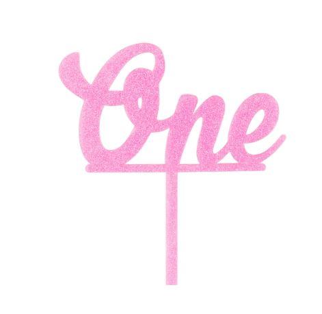 Cake Topper One Acrylic Brithday Pink Glitter Decoration
