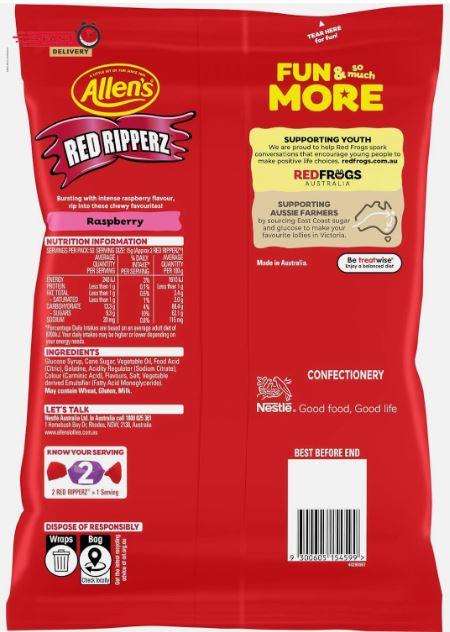Confectionary Lollies Allens Red Ripperz Red 800g Bulk Wrapped