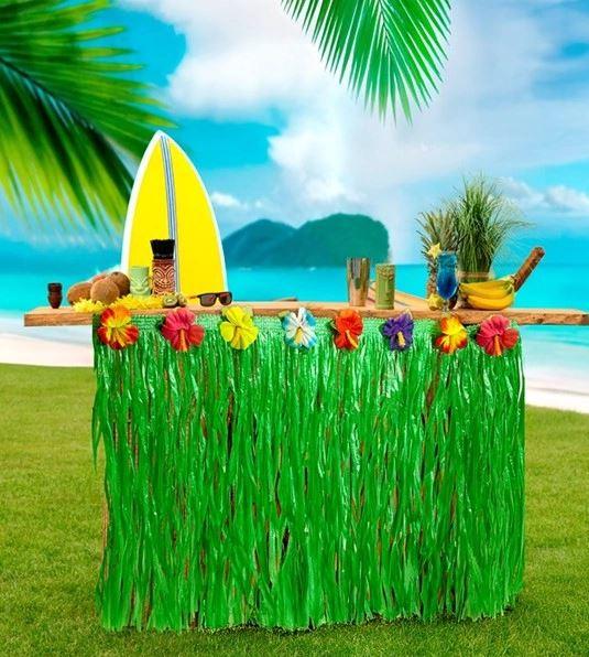 Table Skirt Hawaiian/Tropical Green Grass Look With Flowers 275cm x 70cm
