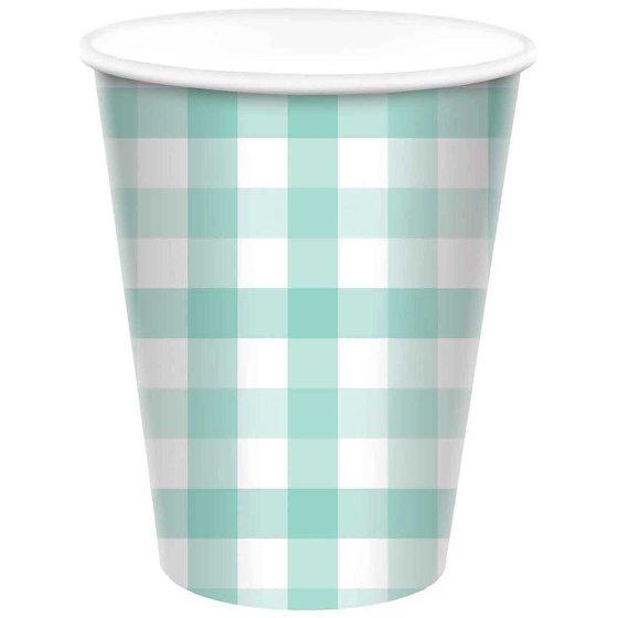 Paper Cups Gingham Check 266ml Pastel Mint Pk 8