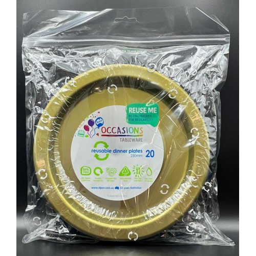 Plates 230mm Gold Plastic Dinner Size Reusalbe Pk/20