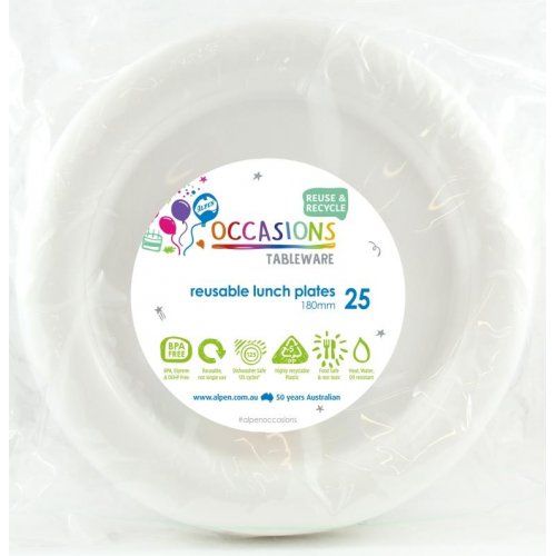 Plates 180mm White Plastic Lunch Size Reusalbe Pk/20