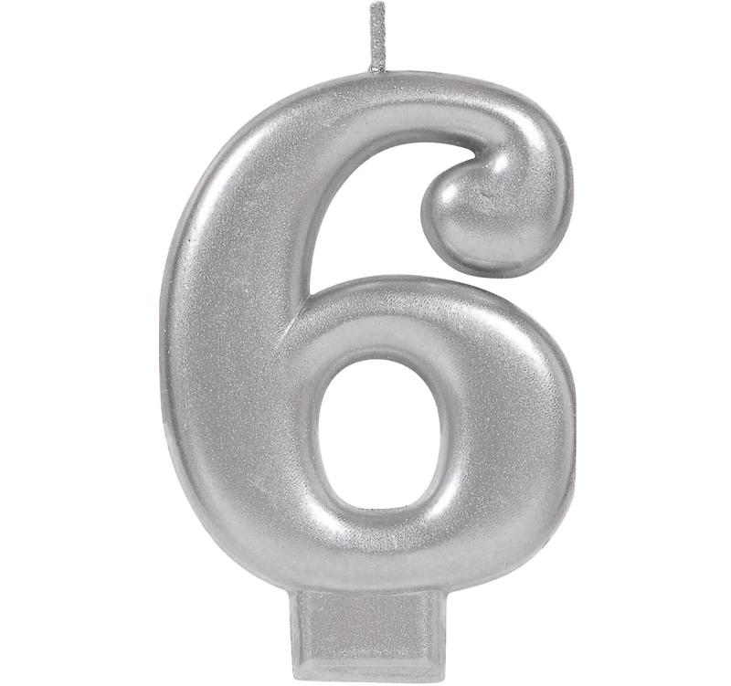 Candle Number 6 Metallic Silver 8cm Moulded