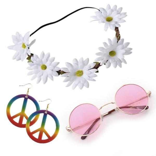 Costume Hippie Kit 1960s Peace (Daisy Headband, Earrings & Glasses)