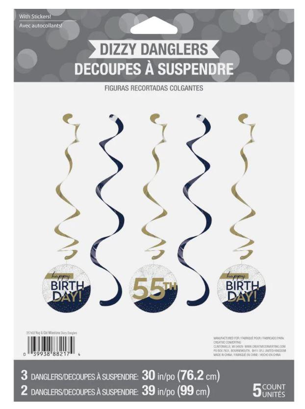 Navy & Gold Milestone Happy Birthday Any Age Hanging Swirls w/Stickers Pk/5