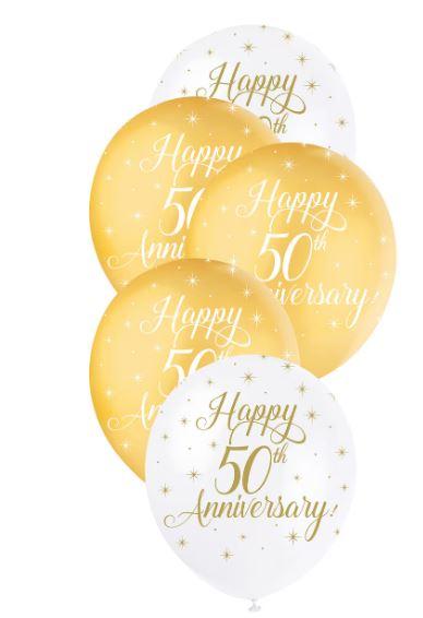 Latex Balloons 30cm 50th Golden Wedding Anniversary Gold & White Pk/5