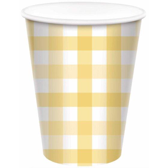 Paper Cups Gingham Check 266ml Pastel Yellow Pk 8