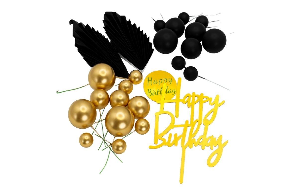 Cake Topper Decorating Happy Birthday Set Black & Gold