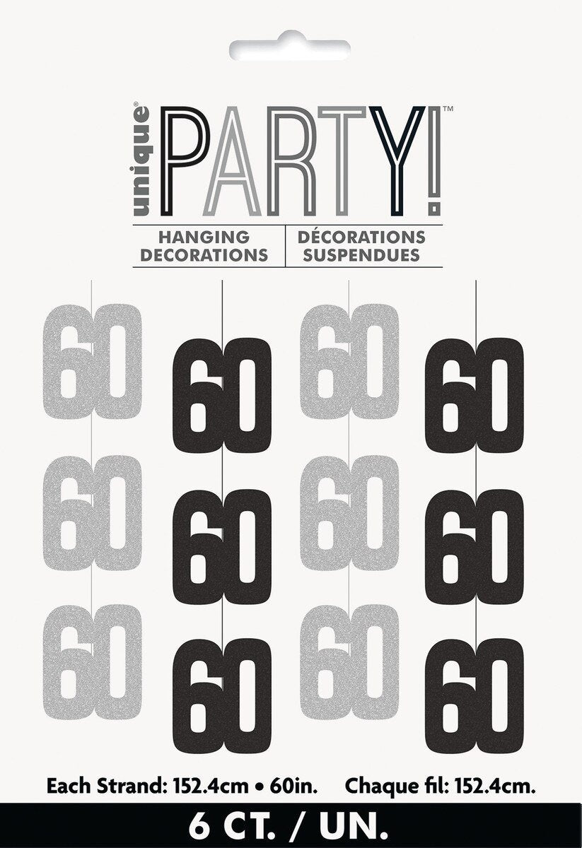 Hanging Decor 60th Birthday Black & Silver 1.5m Long Pk/6