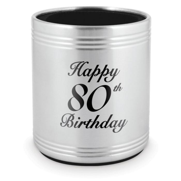 Gift Beer Stubbie Holder Stainless Steel Happy 80th Birthday Deluxe
