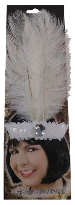 Headband 1920s Flapper Sequinned White With Feather