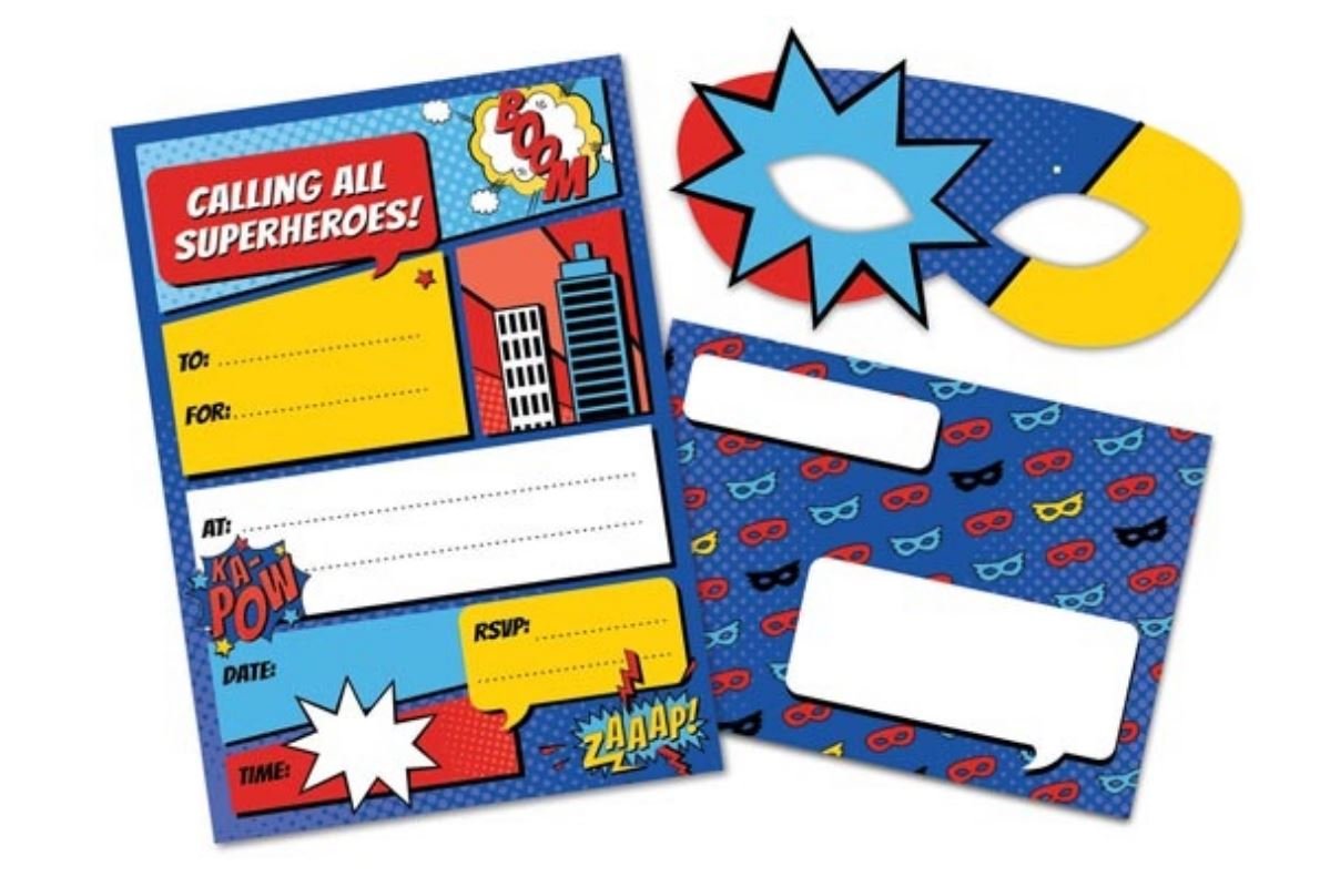 Party Invitation Pk/8 Superhero With Mask- Discontinued Last Chance