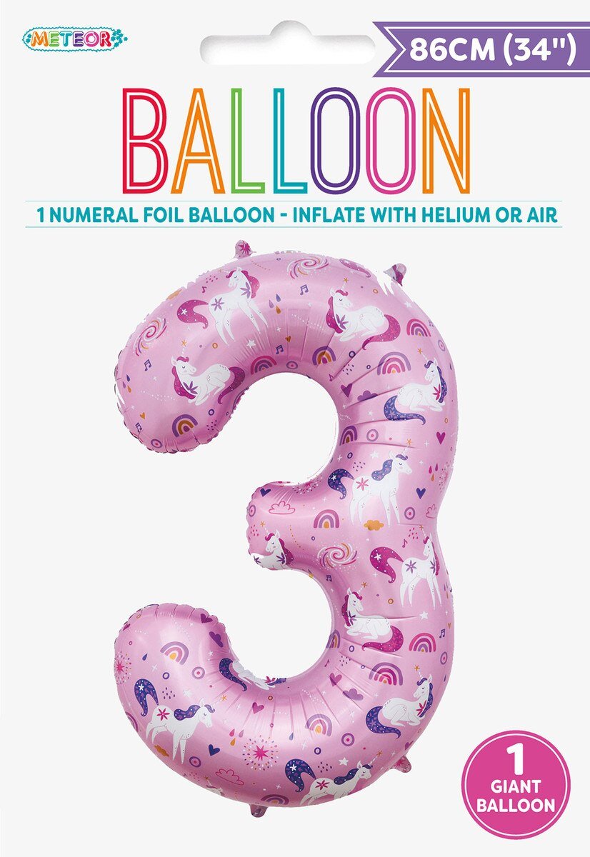 Balloon Foil Megaloon Number 3 Pink Unicorn  86cm