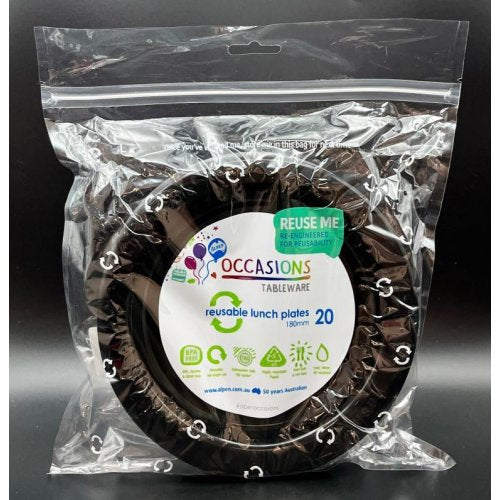 Plates 180mm Black Plastic Lunch Size Reusalbe Pk/20
