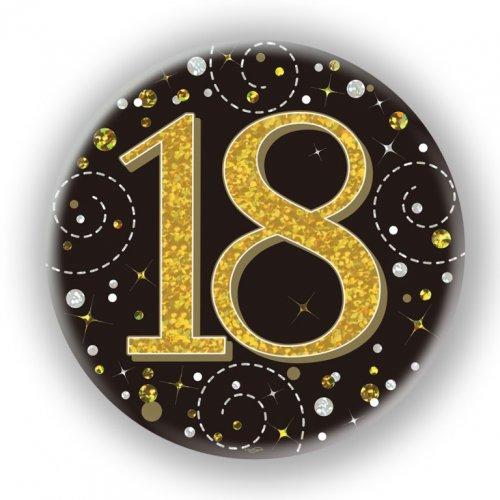 Badge 18th Birthday Sparkling Fizz Black/Gold 75mm Eighteen