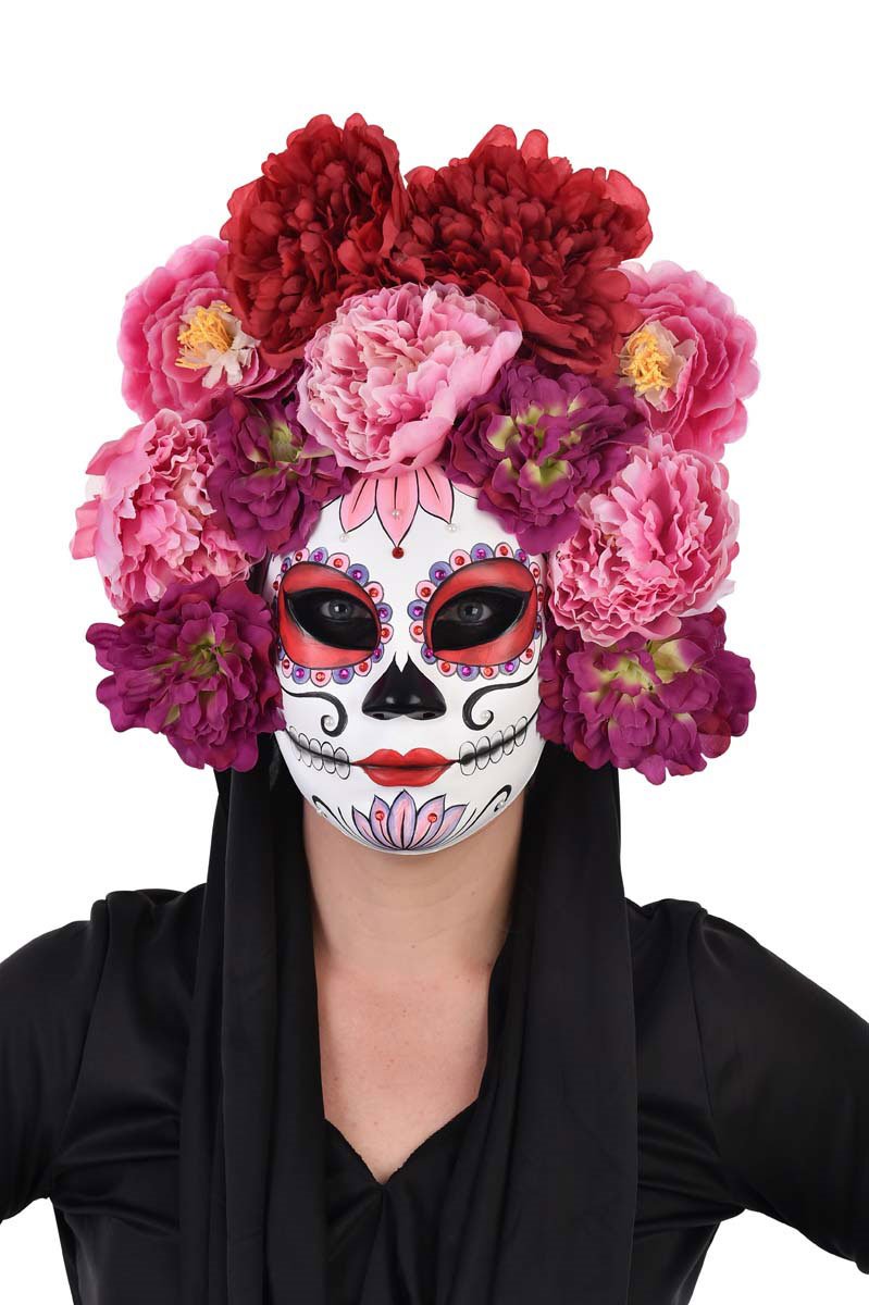 Mask Skulls/Roses Day Of The Dead Pink Floral Deluxe