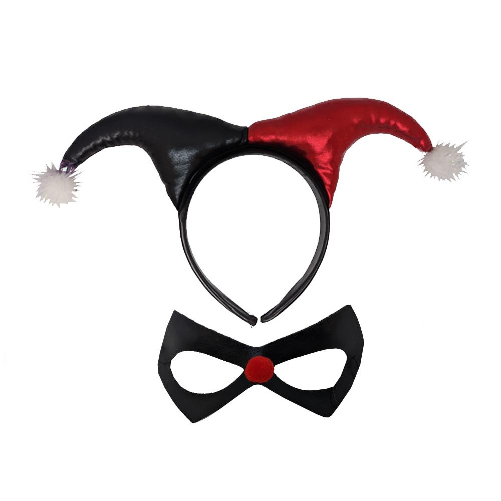 Mask & Headband Set Red & Black Harlequin Clown/Jester