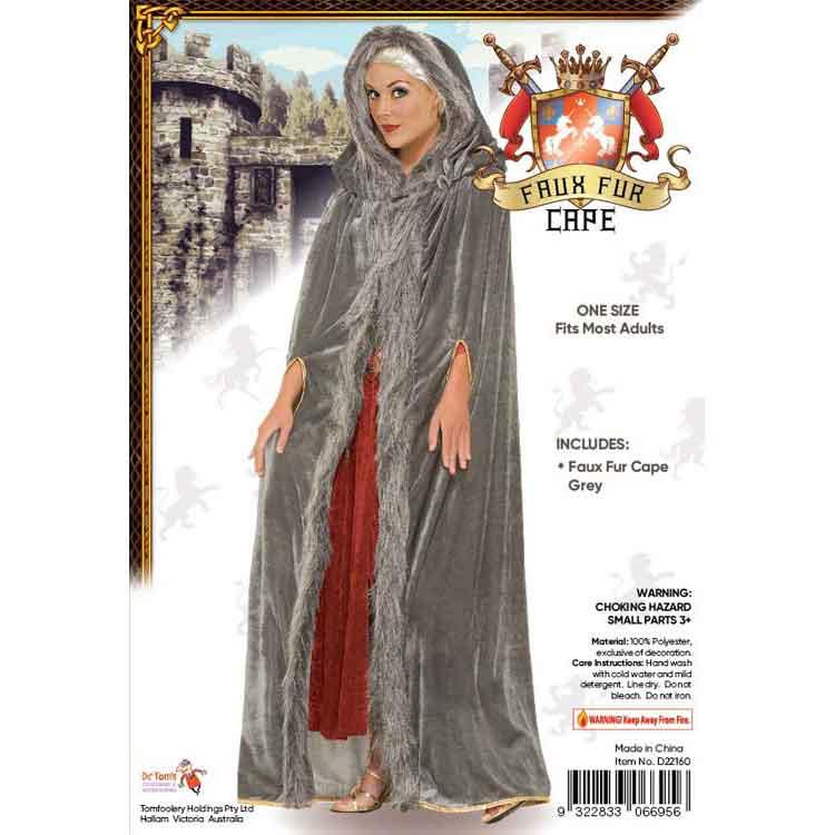Costume Adult Cape Grey W/Gold Trim Faux Fur King/Knight/Viking/Medieval