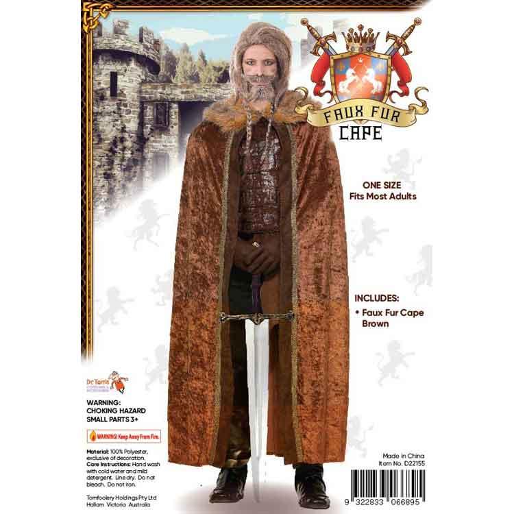 Costume Adult Cape Brown Faux Fur Trim King/Knight/Viking